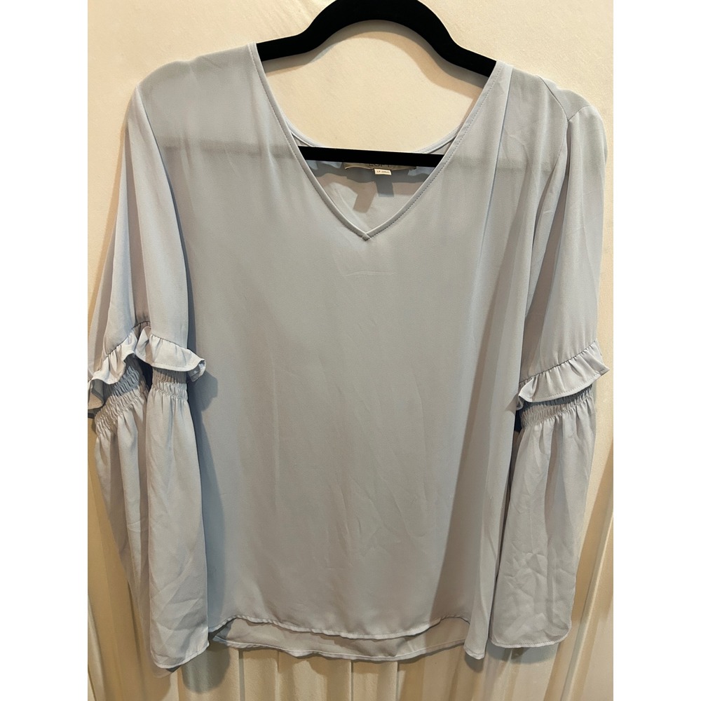Loft Petites Blue Blouse Top‎ Long Sleeve Ruffle Cuff V Neck Elegant